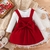 2 pçs bebê menina 95% algodão com body macacão nervuras manga longa, vestido suspensório, vermelho com designer de laço