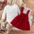 2 pçs bebê menina 95% algodão com body macacão nervuras manga longa, vestido suspensório, vermelho com designer de laço