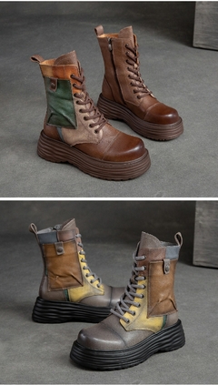Botas Femininas de Couro Legítimo com Bico Redondo e com Cadarço Zíp - loja online