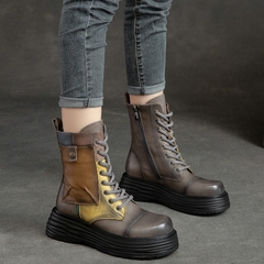 Botas Femininas de Couro Legítimo com Bico Redondo e com Cadarço Zíp na internet