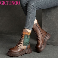 Botas Femininas de Couro Legítimo com Bico Redondo e com Cadarço Zíp
