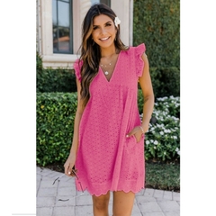 Vestido de renda manga curta verão com decote em v vestido oco casual feminino - loja online