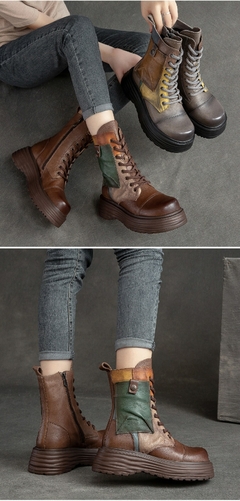 Botas Femininas de Couro Legítimo com Bico Redondo e com Cadarço Zíp - loja online