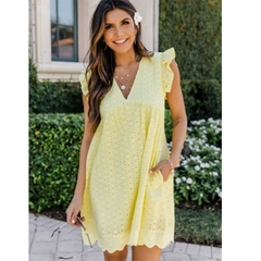 Vestido de renda manga curta verão com decote em v vestido oco casual feminino - comprar online