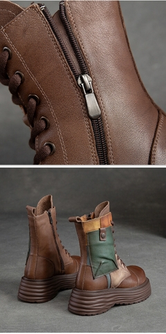 Imagem do Botas Femininas de Couro Legítimo com Bico Redondo e com Cadarço Zíp