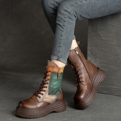 Botas Femininas de Couro Legítimo com Bico Redondo e com Cadarço Zíp