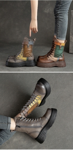 Botas Femininas de Couro Legítimo com Bico Redondo e com Cadarço Zíp - loja online