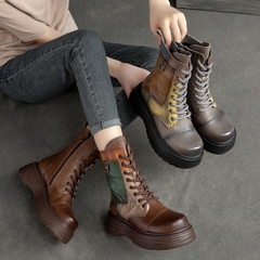 Botas Femininas de Couro Legítimo com Bico Redondo e com Cadarço Zíp na internet