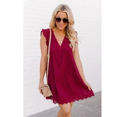 Vestido de renda manga curta verão com decote em v vestido oco casual feminino na internet