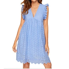 Vestido de renda manga curta verão com decote em v vestido oco casual feminino - La Belle Charme