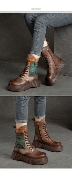 Botas Femininas de Couro Legítimo com Bico Redondo e com Cadarço Zíp - La Belle Charme