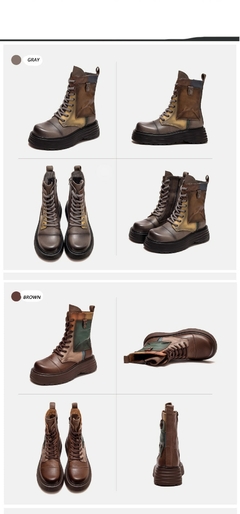 Imagem do Botas Femininas de Couro Legítimo com Bico Redondo e com Cadarço Zíp