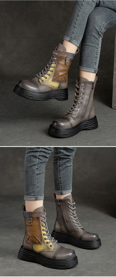 Botas Femininas de Couro Legítimo com Bico Redondo e com Cadarço Zíp - La Belle Charme
