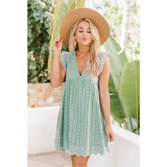Vestido de renda manga curta verão com decote em v vestido oco casual feminino na internet