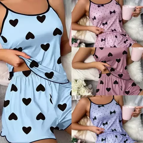 Conjunto de pijama feminino pijamas camisetas shorts rosa em forma de coração