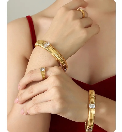 bracelete maleável tipo mola aço com zircônia grande