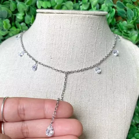 Gargantilha choker de aço inox regulável c/ Gotinhas de Zircônias 52 cm