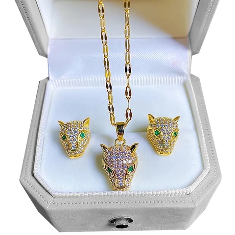 conjunto colar e brinco felino cravejado