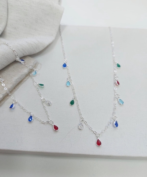 colar chocker zirconias coloridas rainbow PRATA 925 40 cm
