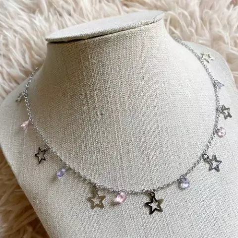 Gargantilha choker de aço inox Estrelas e Zircônias Rosa e Lilás 50 cm