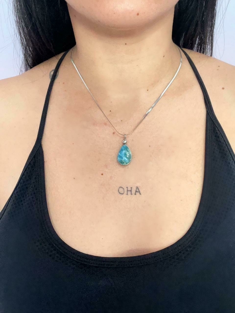 Colar com pingente em gota premium de Larimar - Comunicação Tranquila, Pureza, Culpa, Medo