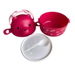 Image of Marmita Lancheira Infantil Escolar Ursinho com Colher Divisória Alça Lanche Almoço Bento Urso Kawaii