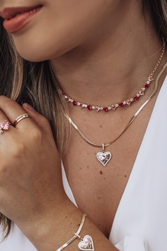 Colar Fita Pingente Coração Rosa Dourado - comprar online