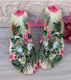 Slin folhas tropicais verde/rosa