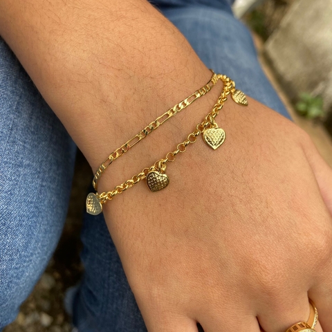 Pulseira Dupla Corações Banhada a Ouro 18k
