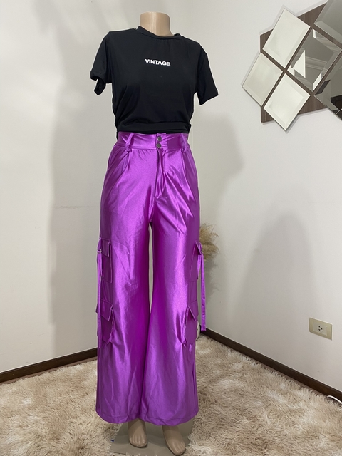 Calça Cargo Yris Pantalona Fucsia Acetinado