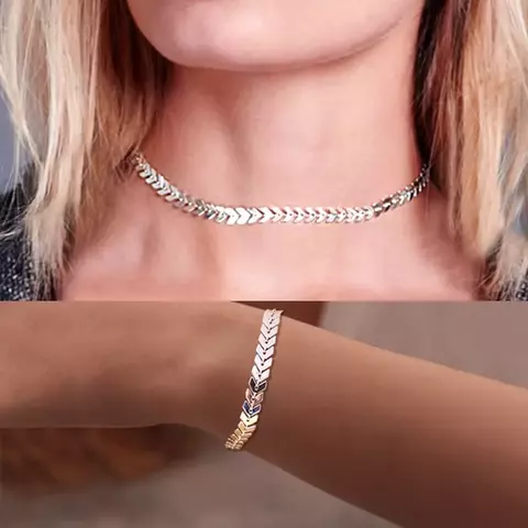 Kit Conjunto Colar Choker e Pulseira escama de Peixe Banhado a Prata 925