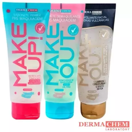 Kit com Gel Esfoliante Facial com Pedras Vulcânicas E Sabonete Make up e Demaquilante Make Out - Dermachem - 100ml Cada
