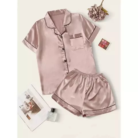 Camisa do Pijama Americano Rosé/Nude (cetim com lycra)