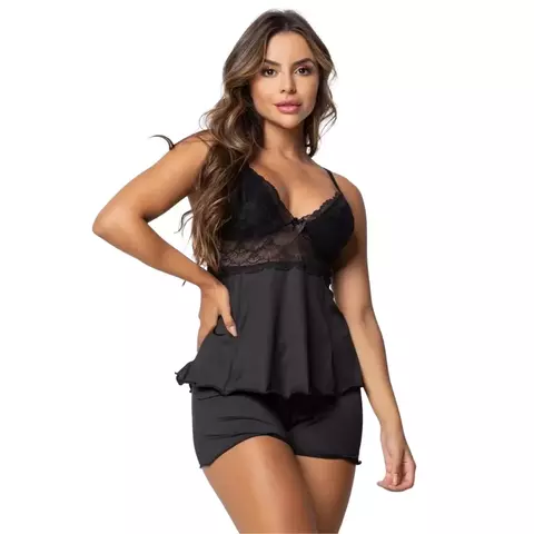 Pijama Baby Doll Sexy Short Doll Feminino Detalhe de Renda Luxo