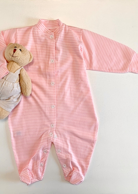 Macacão Bebê Malha Listradinha Rosa e Branca (RN-P-M)