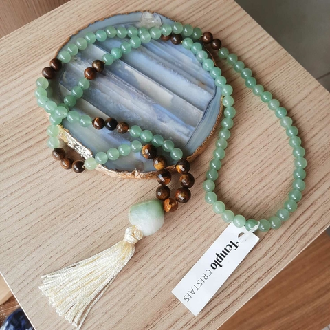 Japamala 108 Contas - Quartzo Verde com Olho de Tigre