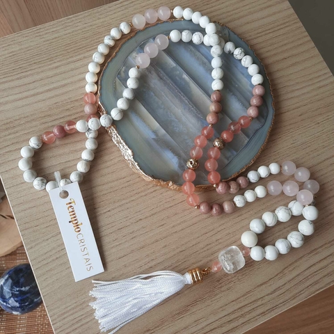 Japamala 108 Contas - Howlita Branca com Cristais Rosa