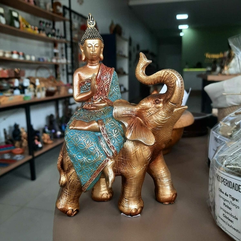 Buda Sidarta com Elefante - Ouro Velho - Resina