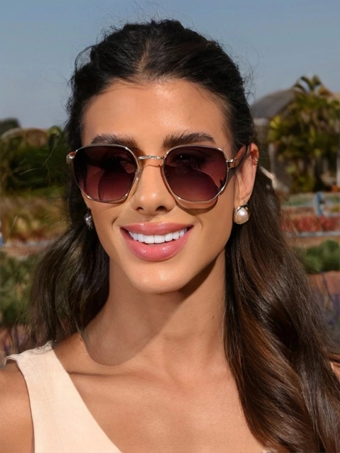 Óculos de Sol Quadrado Hexagonal Paola - Preto Degradê Marrom Dourado - Acetado