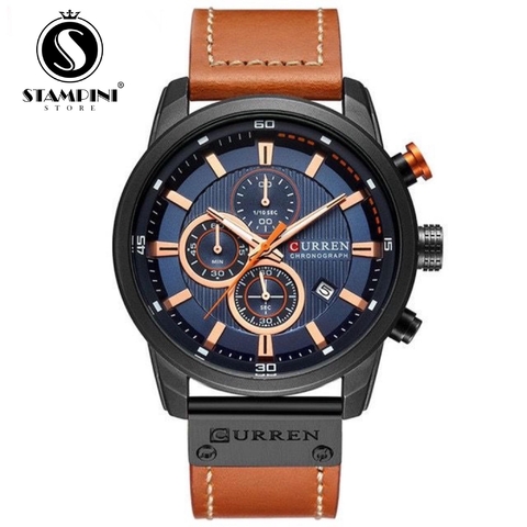 Relógio Curren Analógico Pulseira de couro marrom a prova D’água cor preto - comprar online