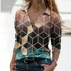 Blusa feminina de manga comprida com decote em V e estampa geométrica Vintage s na internet