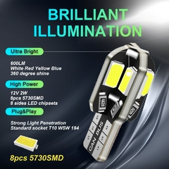20PCS W5W T10 Lâmpadas LED Canbus 5730 8SMD 12V 6000K 194 168 LED Interior - comprar online