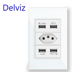 Tomada Padrão Delviz Brasil, Painel de Vidro Temperado Branco, Tomada USB 2100m