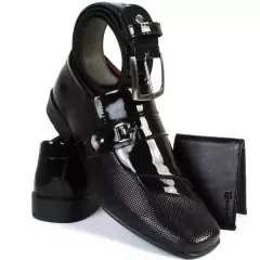 Sapato Social Kit Masculino Couro Sintético Preto Verniz + Carteira + Cinto