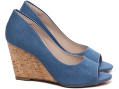 Sandália Anabela Torricella Salto 8,5cm Jeans Azul Revestido em Cortiça - BellaBrasilcalcados