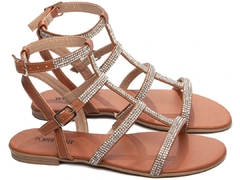 Sandália Rasteira Torricella Caramelo e Pedras em Strass - comprar online