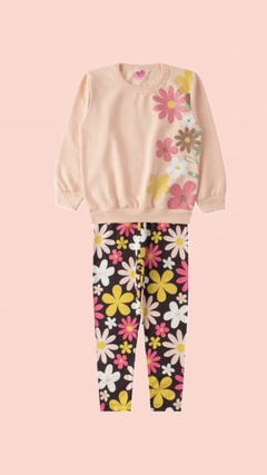 CONJUNTO MOLETOM PELUCIADO - ROSA COM FLORES COLORIDAS E CALÇA LEGGING - comprar online