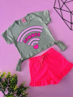 CONJUNTO CROPPED VERDE SUMMER E SHORT ROSA NEON - comprar online