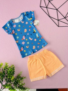 CONJUNTO CAMISA AZUL COM PASSARINHOS E SHORT LARANJA - comprar online