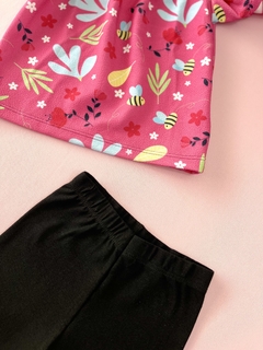 CONJUNTO CAMISA E SHORT PRETO - FLORES E ABELINHA ROSA - loja online